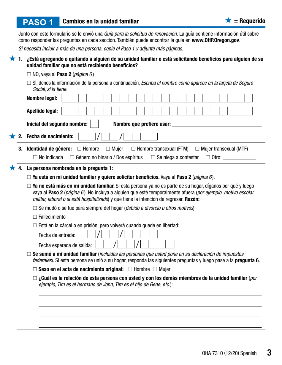 Formulario OHA7310 Parte 2 Renovacion De Beneficios Del Plan De Salud De Oregon - Oregon (Spanish), Page 3