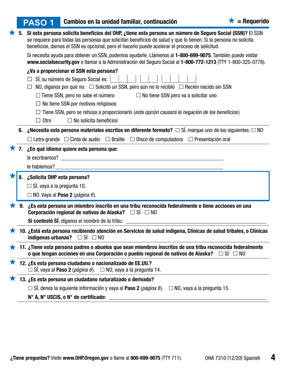 Formulario OHA7310 Parte 2 Renovacion De Beneficios Del Plan De Salud De Oregon - Oregon (Spanish), Page 4