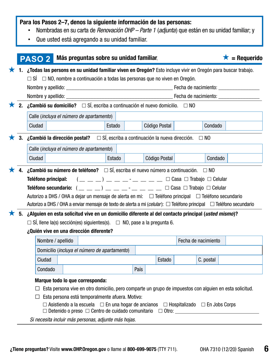 Formulario OHA7310 Parte 2 Renovacion De Beneficios Del Plan De Salud De Oregon - Oregon (Spanish), Page 6