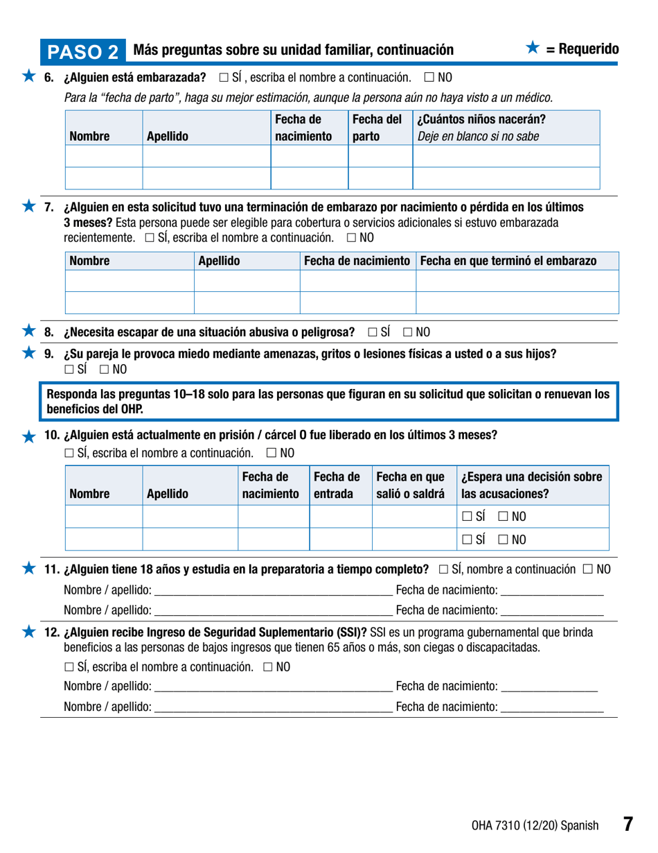 Formulario OHA7310 Parte 2 Renovacion De Beneficios Del Plan De Salud De Oregon - Oregon (Spanish), Page 7