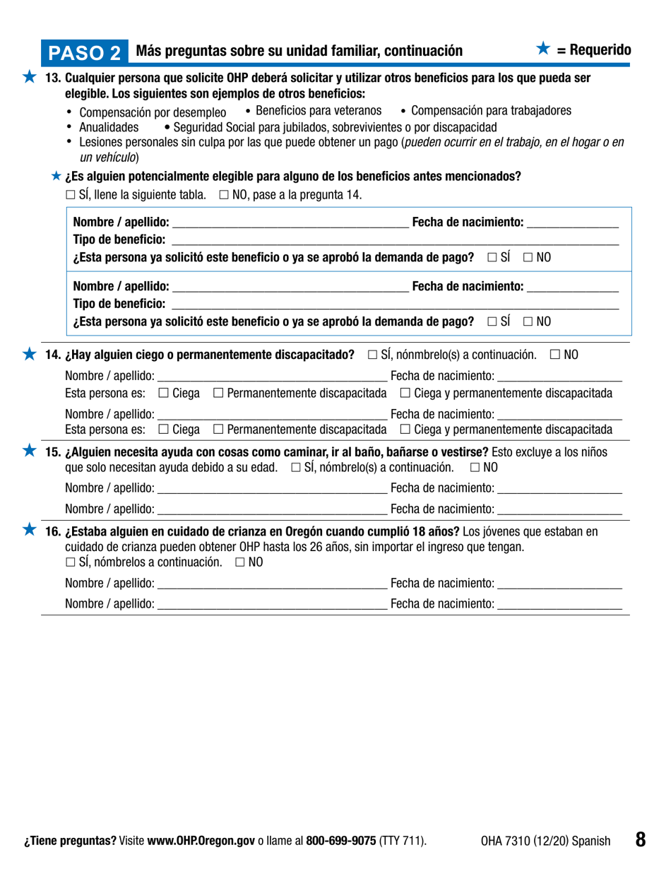 Formulario OHA7310 Parte 2 Renovacion De Beneficios Del Plan De Salud De Oregon - Oregon (Spanish), Page 8