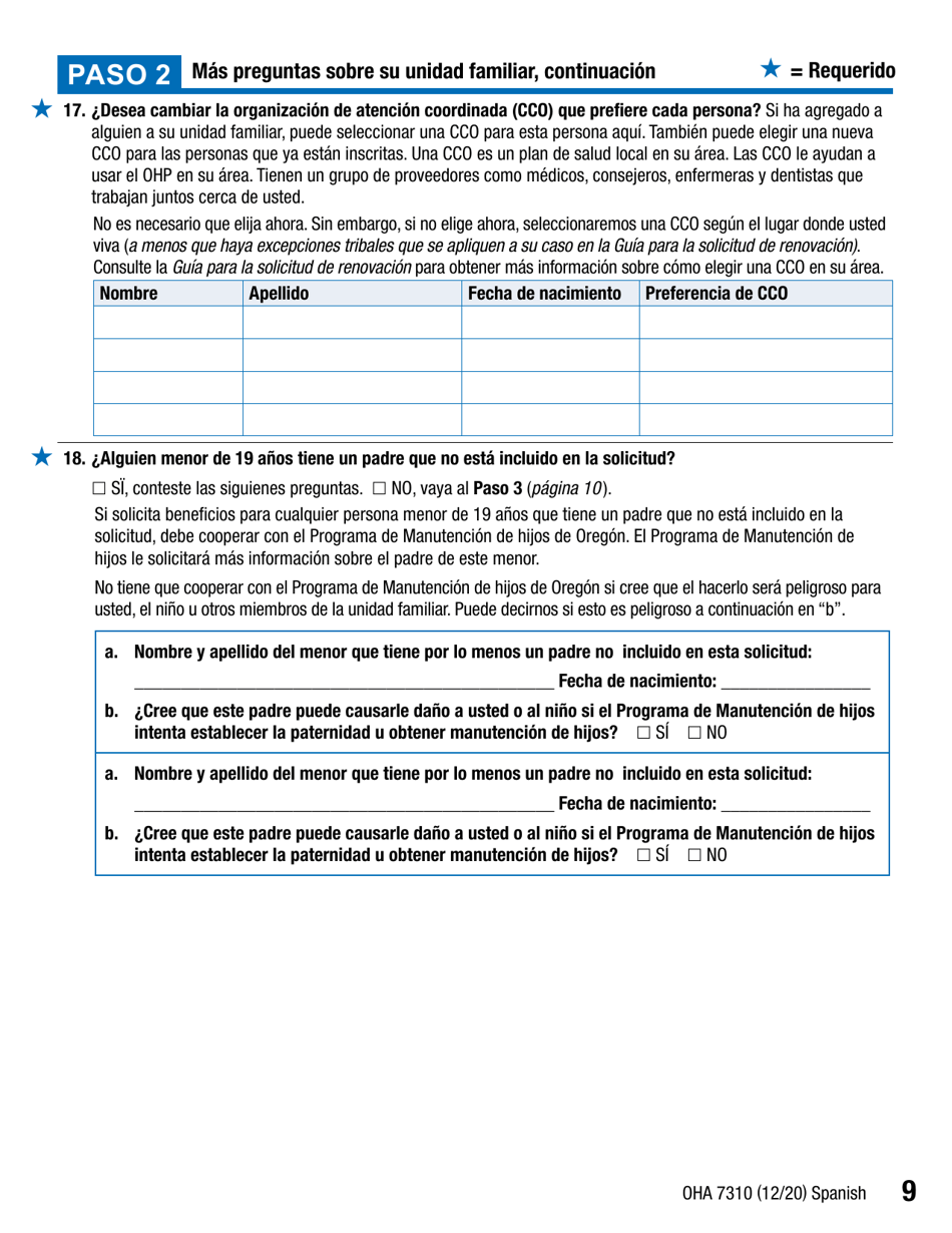 Formulario OHA7310 Parte 2 Renovacion De Beneficios Del Plan De Salud De Oregon - Oregon (Spanish), Page 9