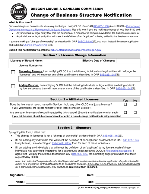 Form MJ16-8070 Change of Business Structure Notification - Oregon