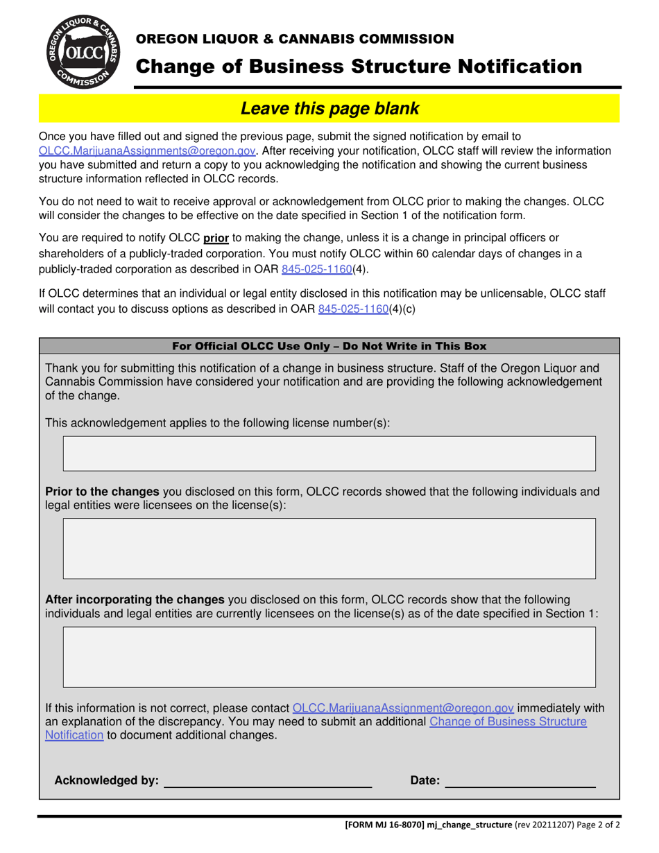 Form MJ16-8070 Change of Business Structure Notification - Oregon, Page 2