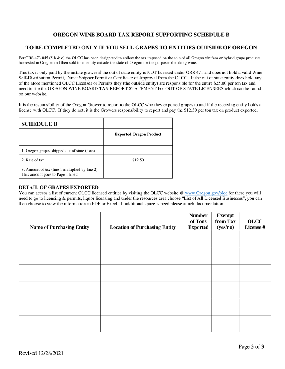 Oregon Wine Board Tax Report Statement for in State Licensees - Oregon, Page 3