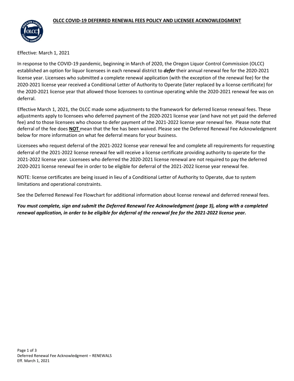 2022 Oregon Olcc Covid19 Deferred Renewal Fees Policy and Licensee