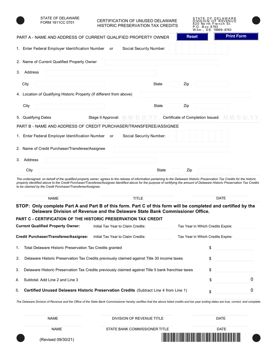 Form 1811CC 0701 Certification of Unused Delaware Historic Preservation Tax Credits - Delaware, Page 1