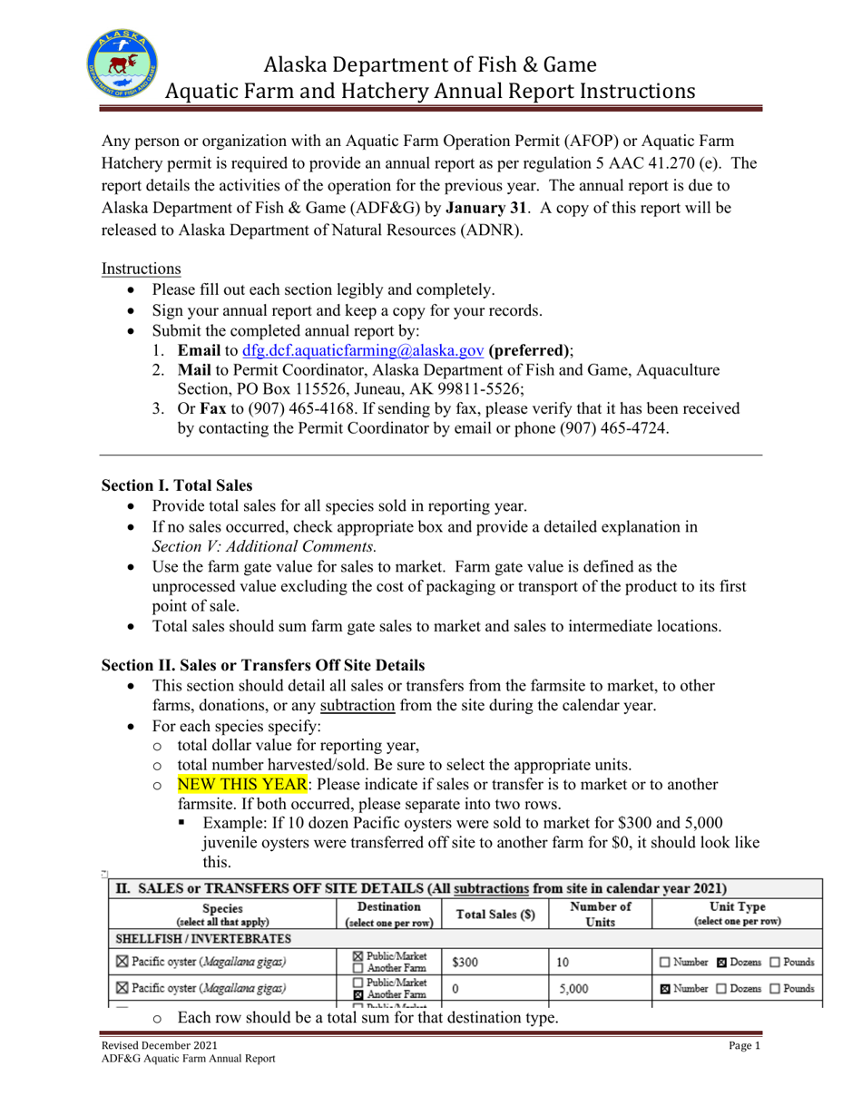 Instructions for Aquatic Farming Annual Report - Alaska, Page 1