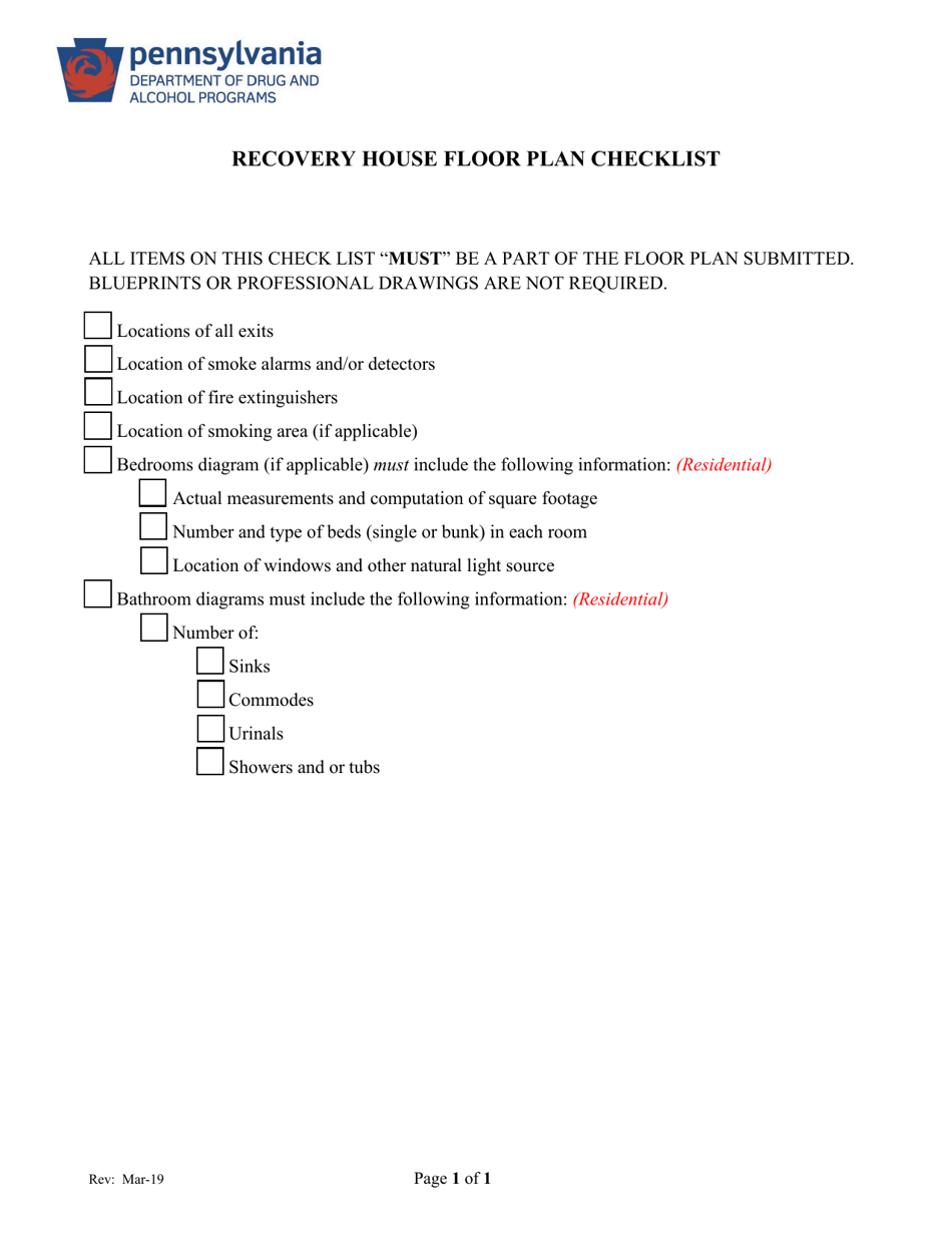 Recovery House Floor Plan Checklist - Pennsylvania, Page 1