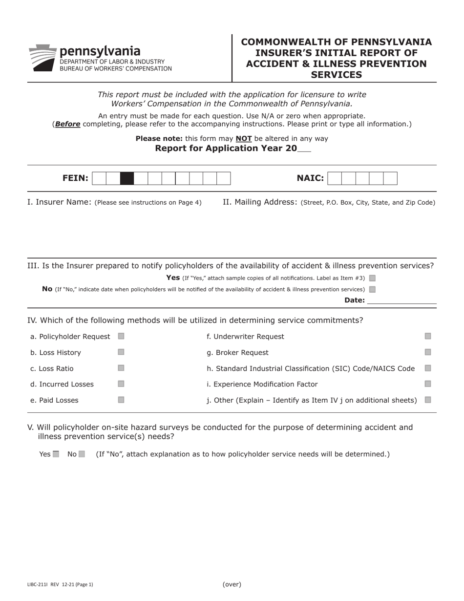 Form LIBC-211I Insurers Initial Report of Accident  Illness Prevention Services - Pennsylvania, Page 1