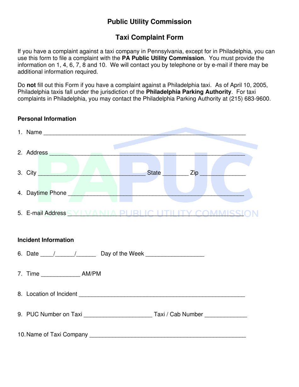 Taxi Complaint Form - Pennsylvania, Page 1