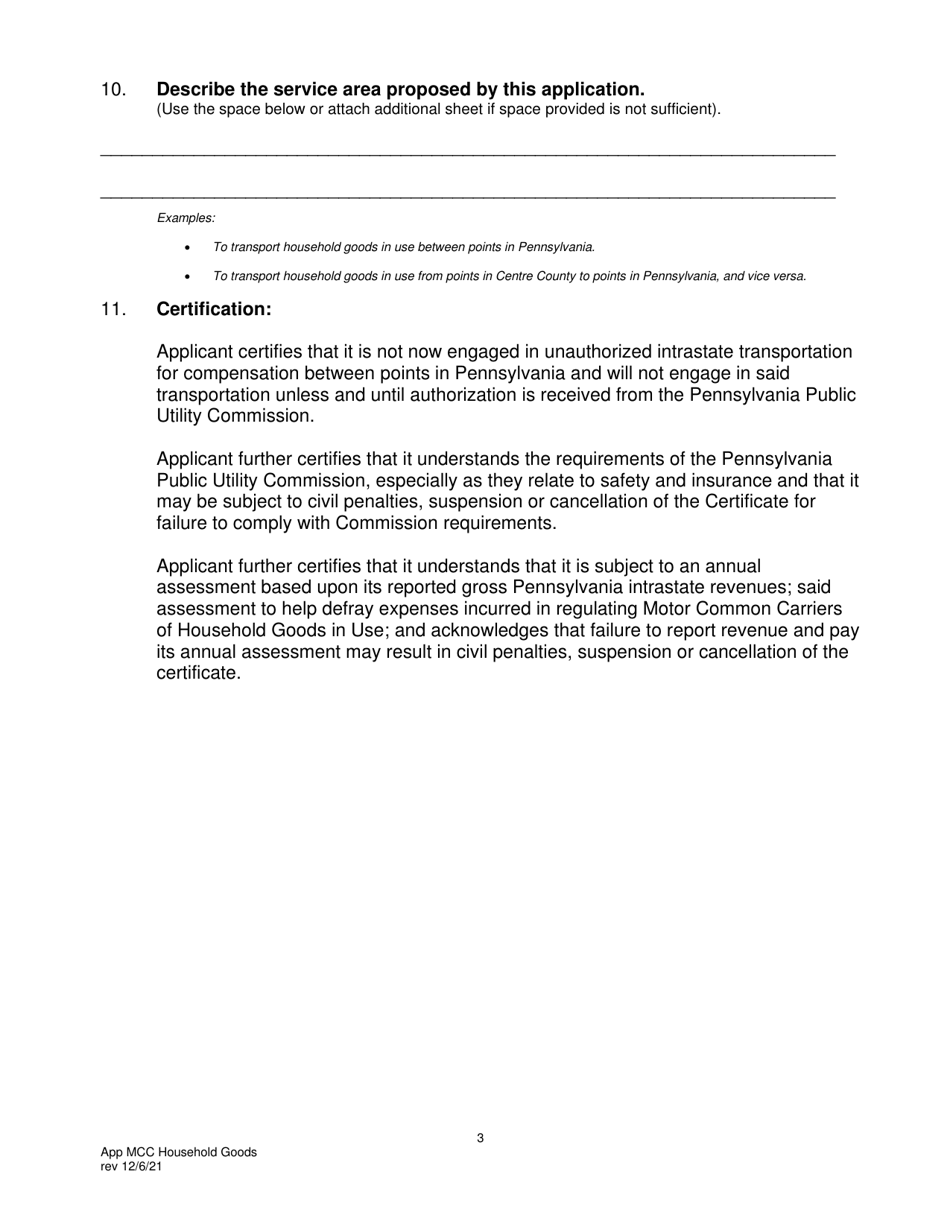 Application for Motor Common Carrier or Motor Contract Carrier of Household Goods in Use - Pennsylvania, Page 5
