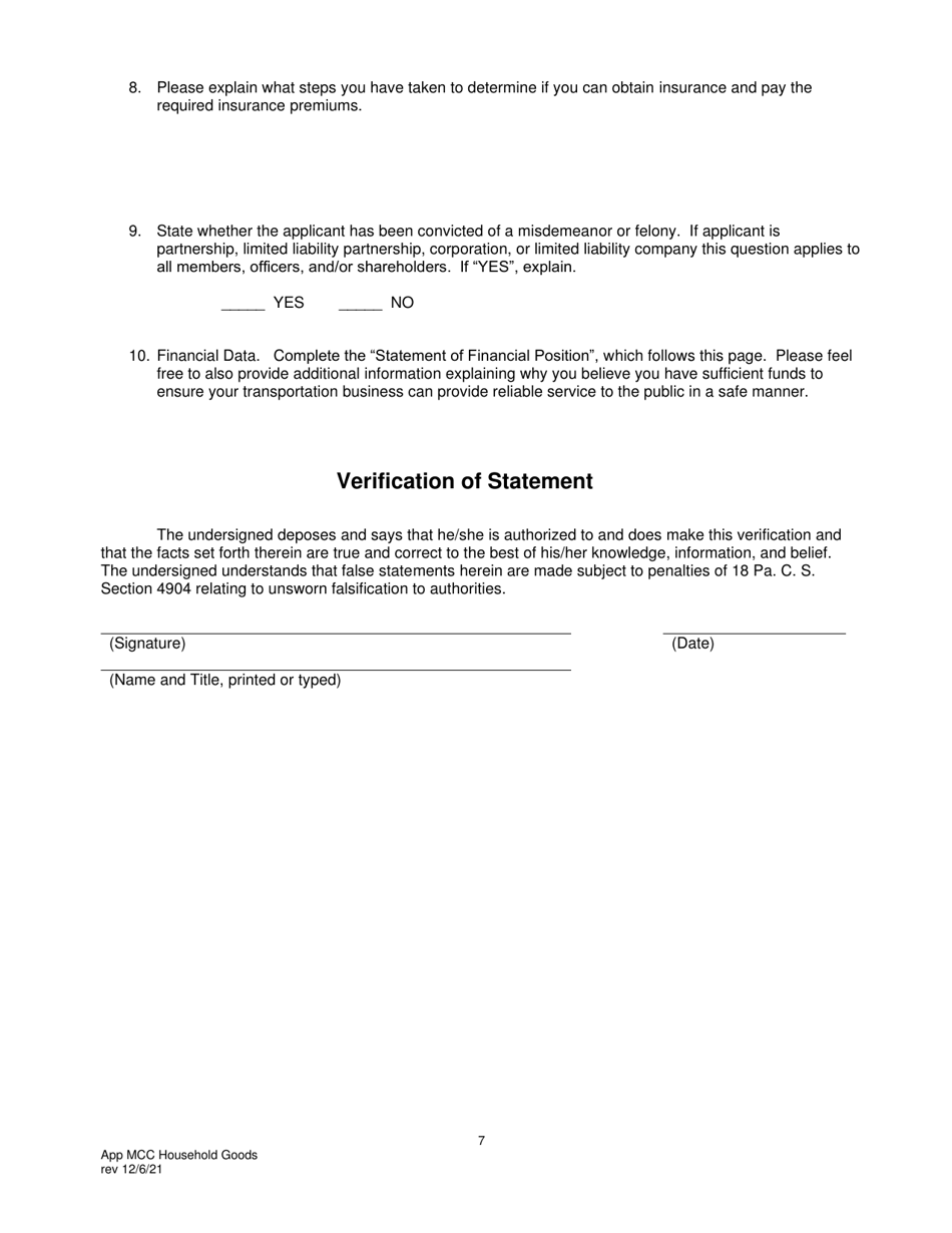 Application for Motor Common Carrier or Motor Contract Carrier of Household Goods in Use - Pennsylvania, Page 9