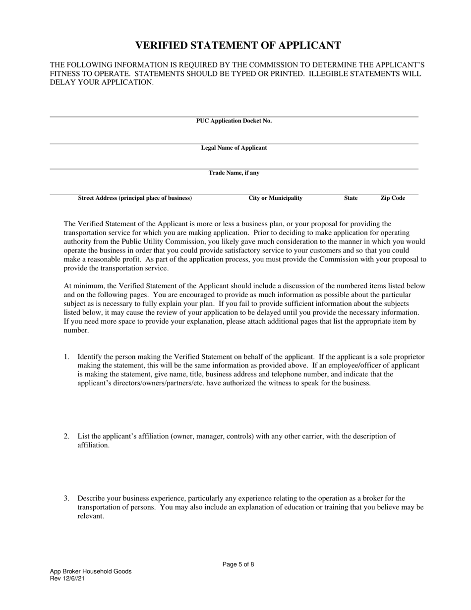 Application for Broker of Household Goods in Use - Pennsylvania, Page 6