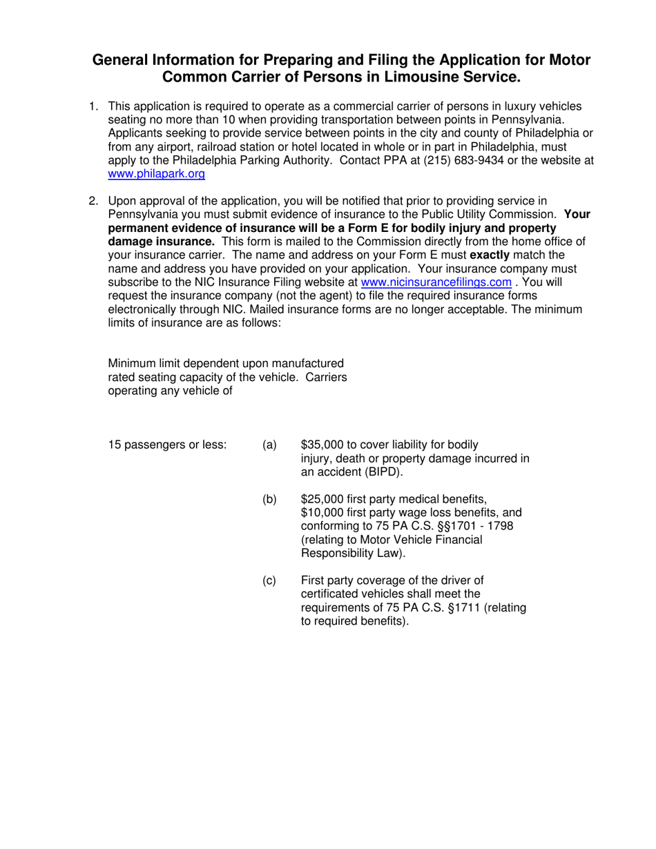 Application for Motor Common Carrier of Persons in Limousine Service - Pennsylvania, Page 2