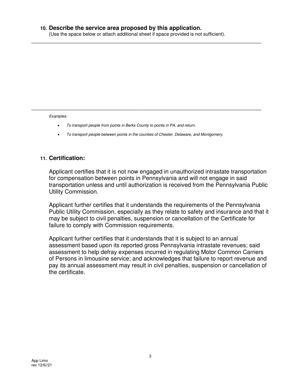 Application for Motor Common Carrier of Persons in Limousine Service - Pennsylvania, Page 5