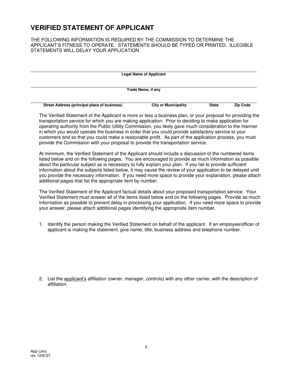 Application for Motor Common Carrier of Persons in Limousine Service - Pennsylvania, Page 7