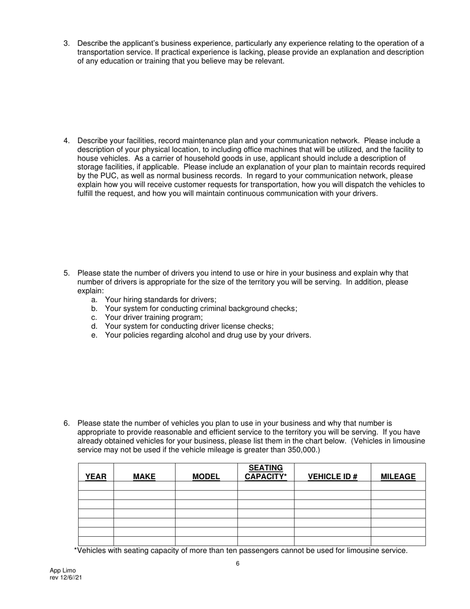 Application for Motor Common Carrier of Persons in Limousine Service - Pennsylvania, Page 8
