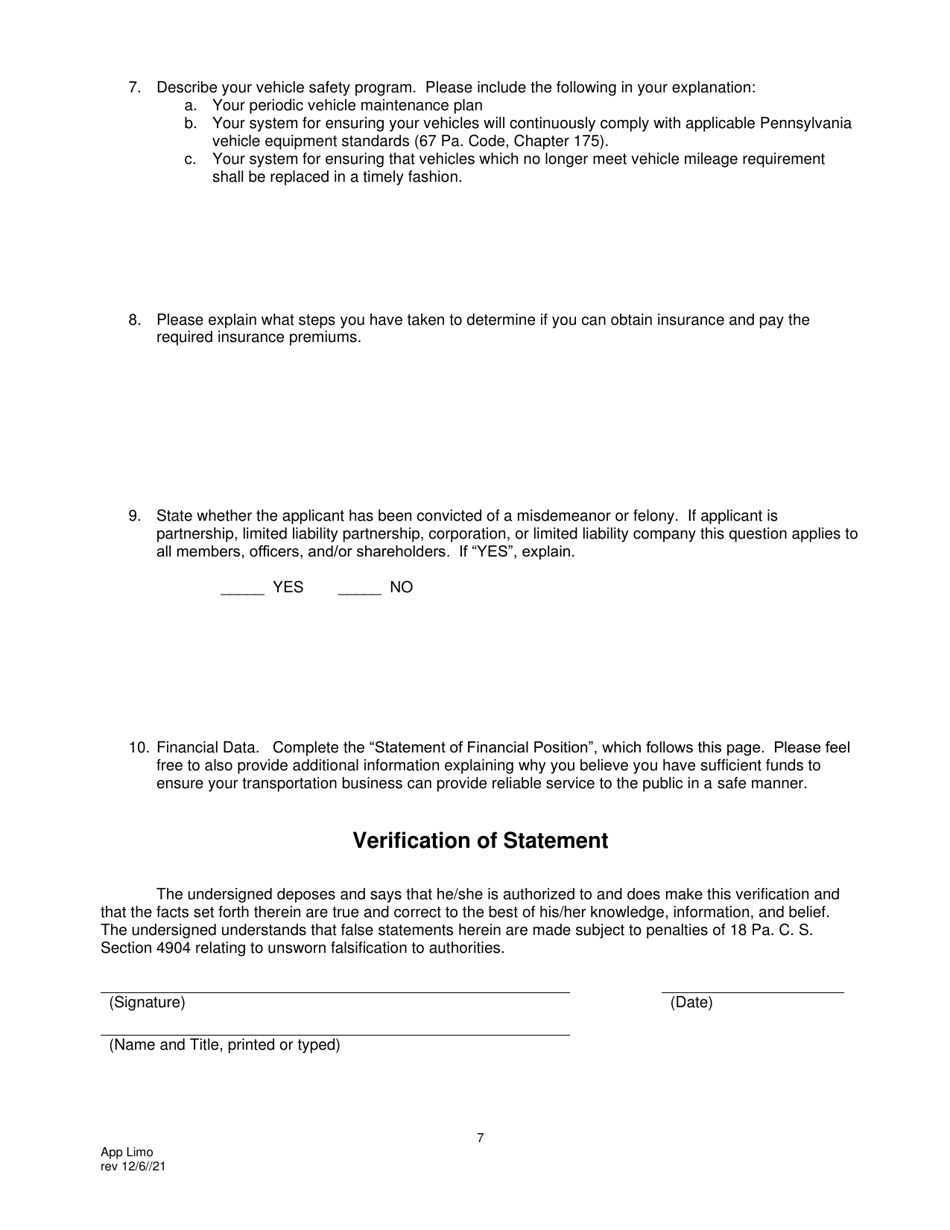 Application for Motor Common Carrier of Persons in Limousine Service - Pennsylvania, Page 9