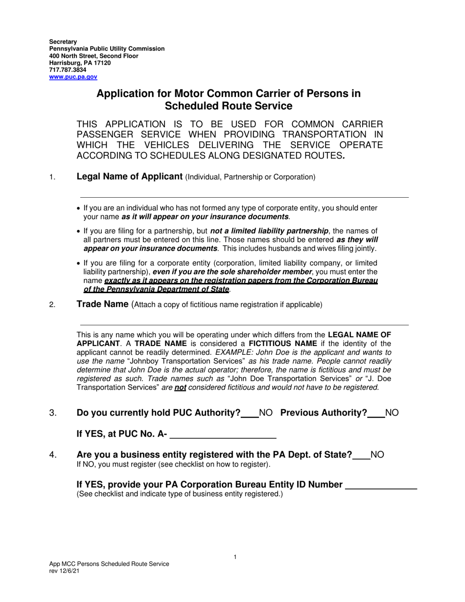 Application for Motor Common Carrier of Persons in Scheduled Route Service - Pennsylvania, Page 3