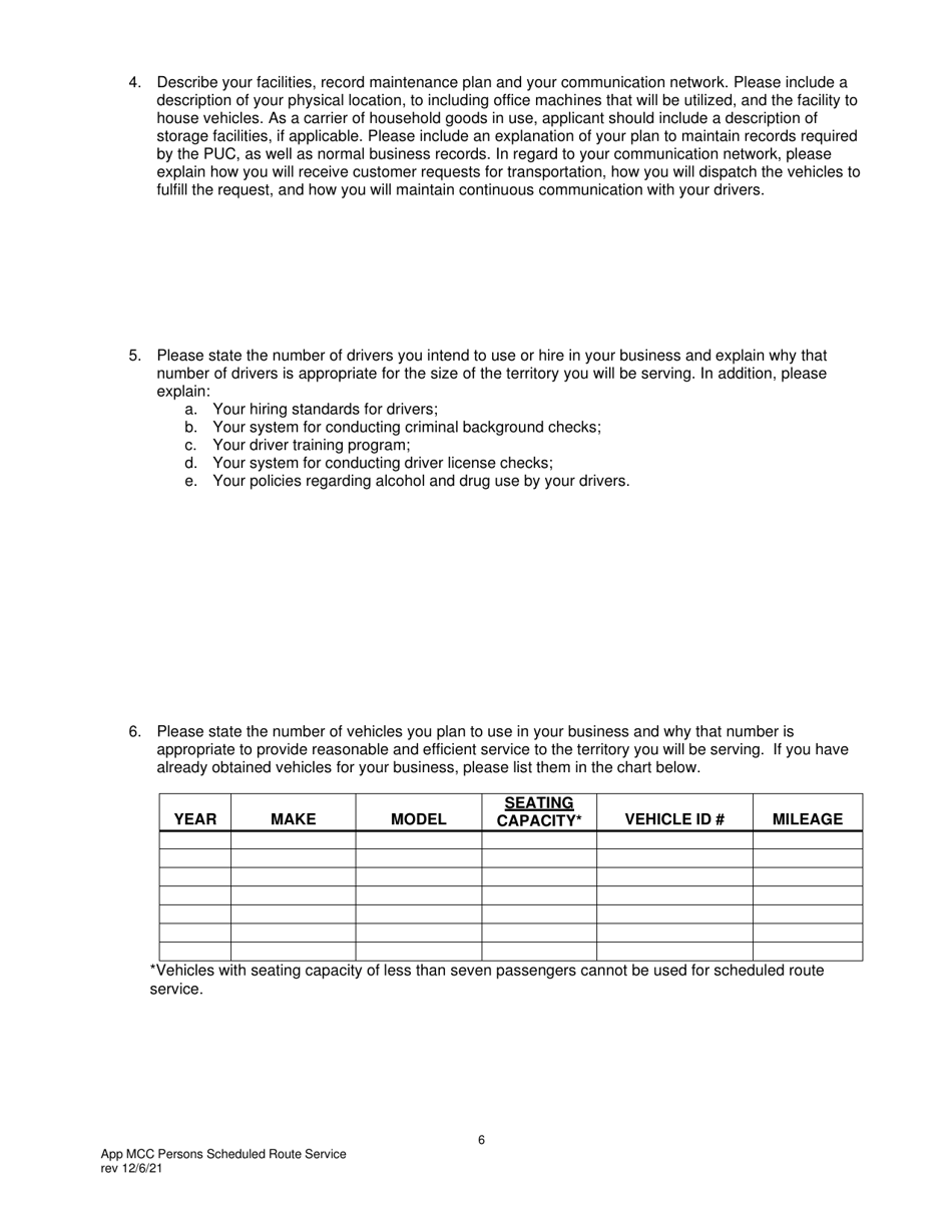 Application for Motor Common Carrier of Persons in Scheduled Route Service - Pennsylvania, Page 8