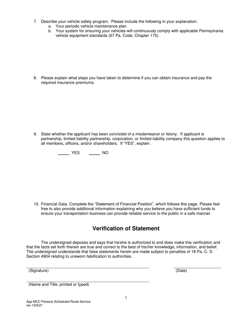 Application for Motor Common Carrier of Persons in Scheduled Route Service - Pennsylvania, Page 9