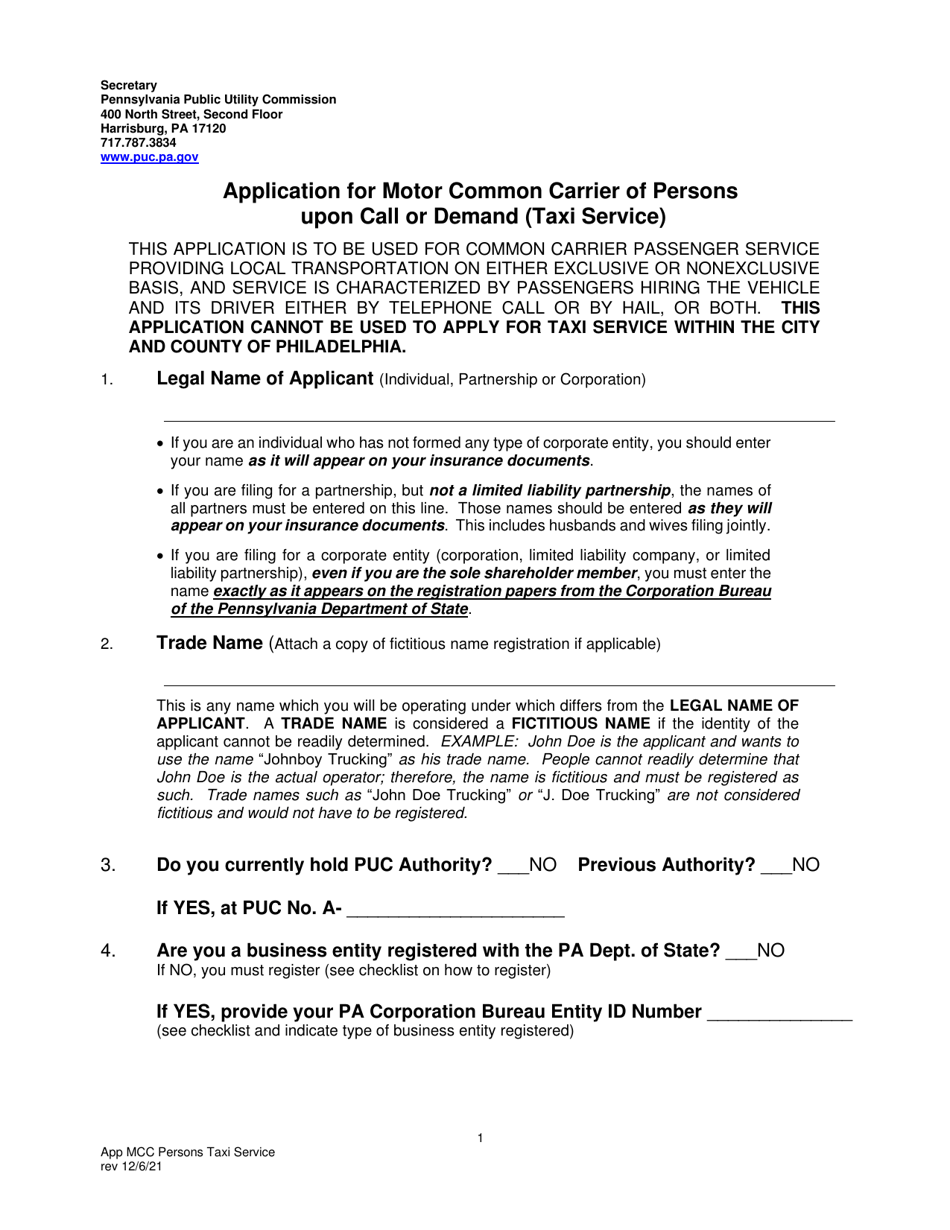 Application for Motor Common Carrier of Persons Upon Call or Demand (Taxi Service) - Pennsylvania, Page 3