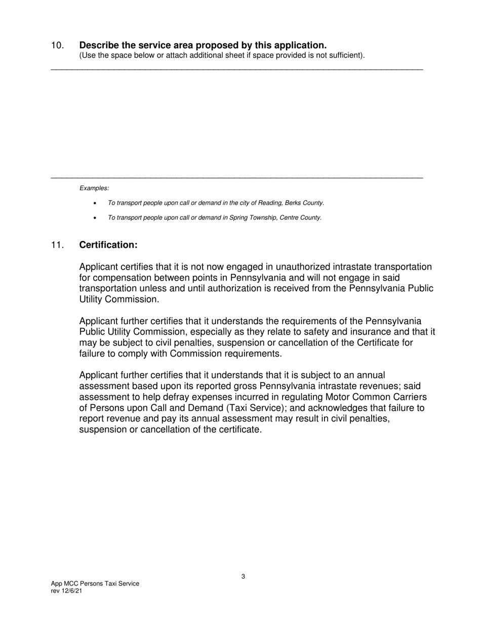 Application for Motor Common Carrier of Persons Upon Call or Demand (Taxi Service) - Pennsylvania, Page 5