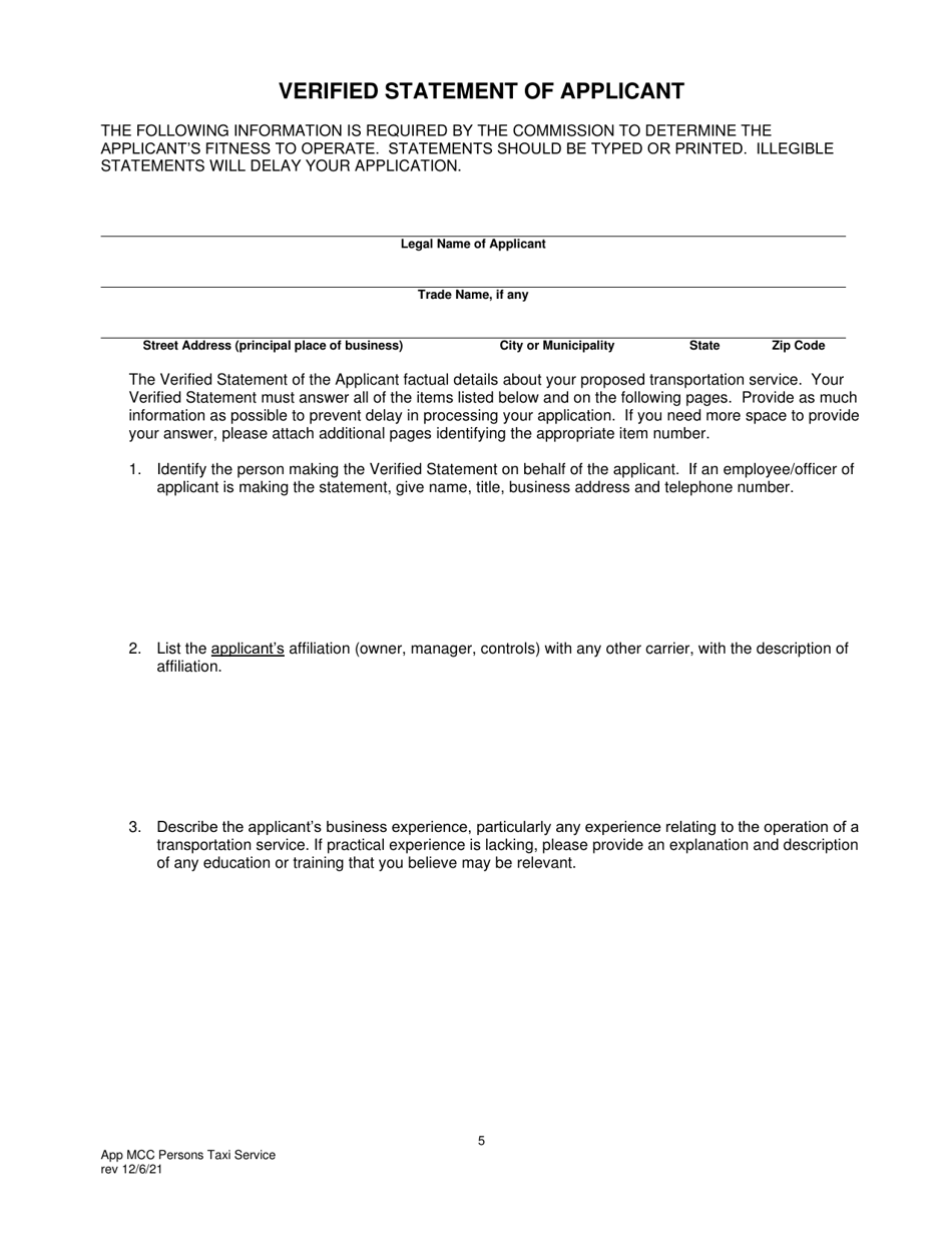 Application for Motor Common Carrier of Persons Upon Call or Demand (Taxi Service) - Pennsylvania, Page 7