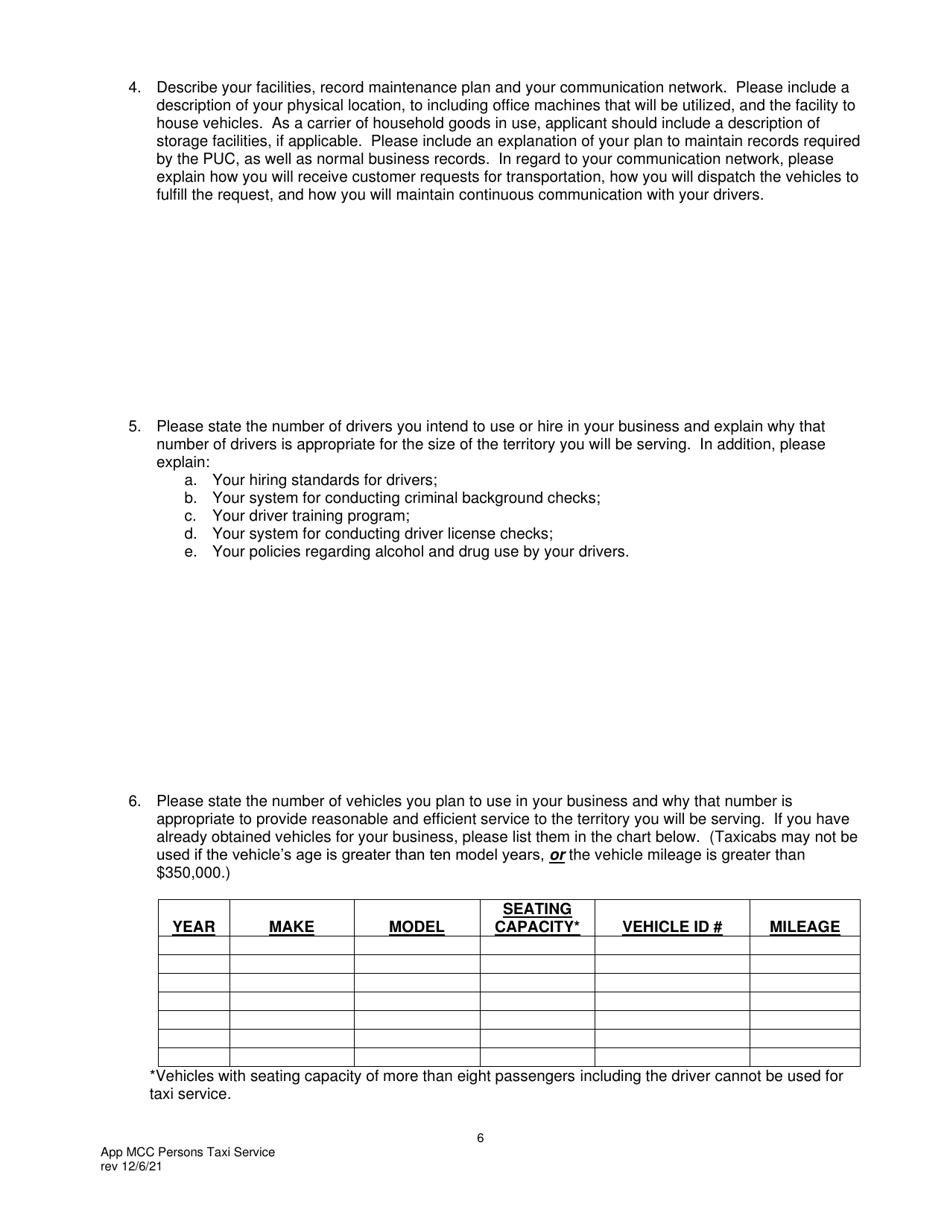 Application for Motor Common Carrier of Persons Upon Call or Demand (Taxi Service) - Pennsylvania, Page 8