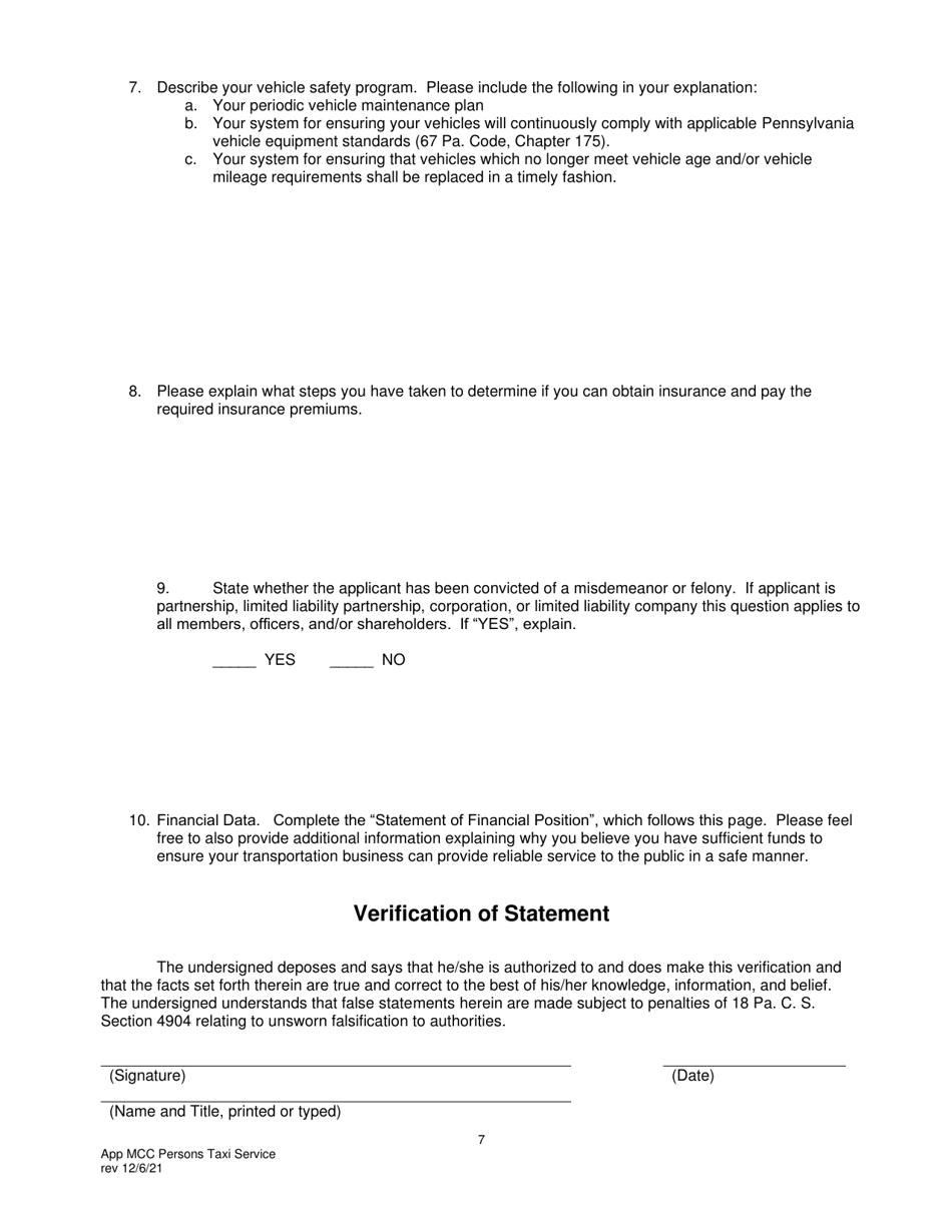 Application for Motor Common Carrier of Persons Upon Call or Demand (Taxi Service) - Pennsylvania, Page 9