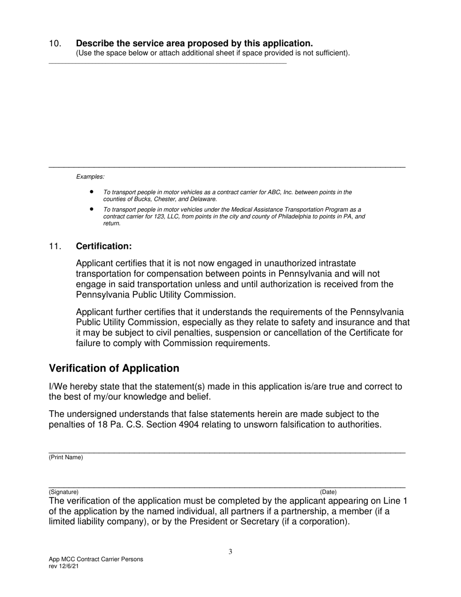 Application for Motor Contract Carrier of Persons - Pennsylvania, Page 5