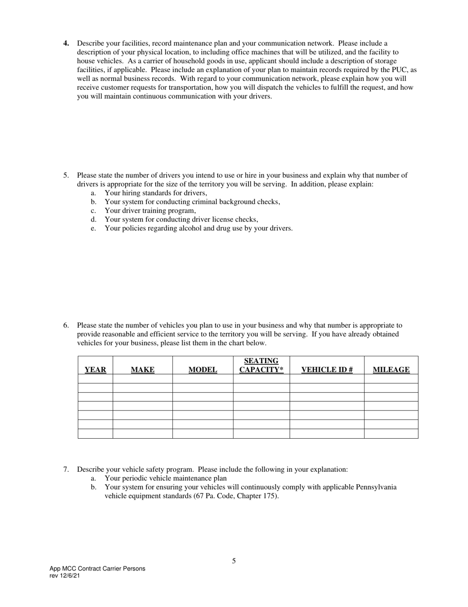 Application for Motor Contract Carrier of Persons - Pennsylvania, Page 7