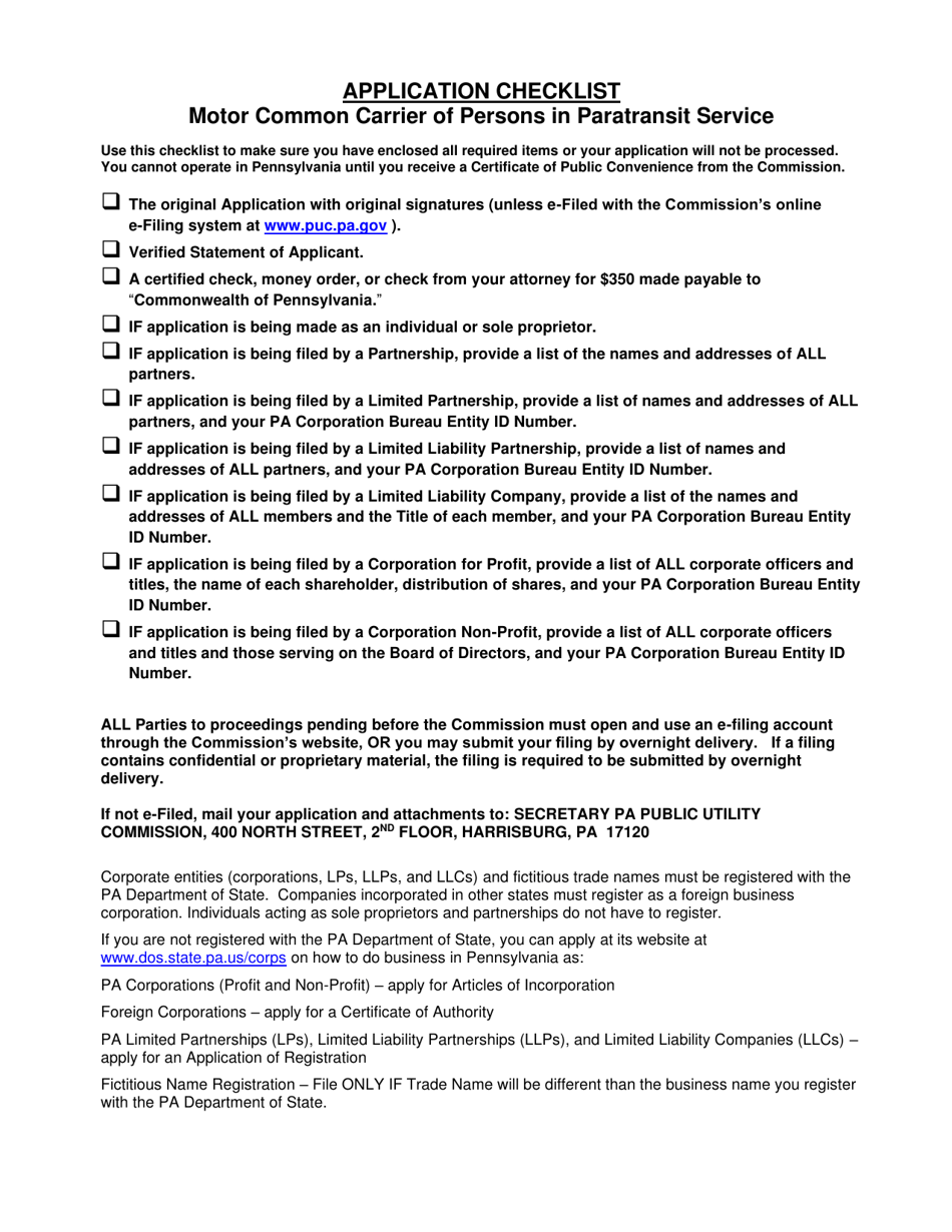 Application for Motor Common Carrier of Persons in Paratransit Service - Pennsylvania, Page 1