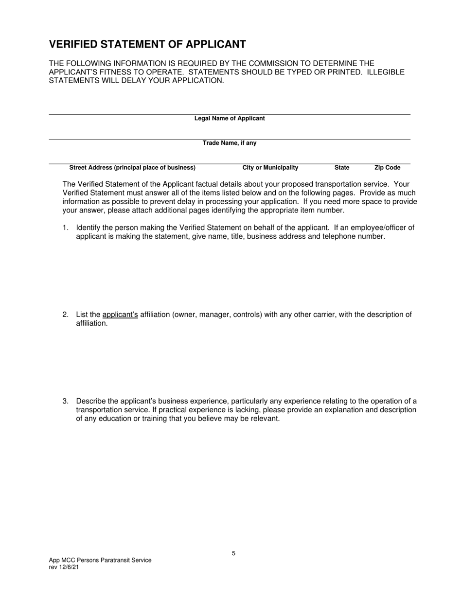 Application for Motor Common Carrier of Persons in Paratransit Service - Pennsylvania, Page 7