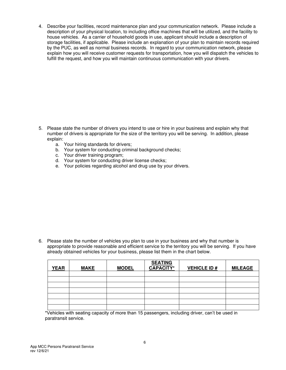 Application for Motor Common Carrier of Persons in Paratransit Service - Pennsylvania, Page 8