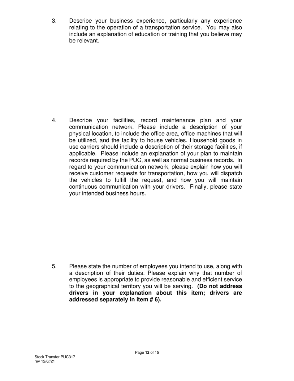 Form PUC317 Application for Approval of Transfer of Capital Stock Transportation Common Carrier - Pennsylvania, Page 13