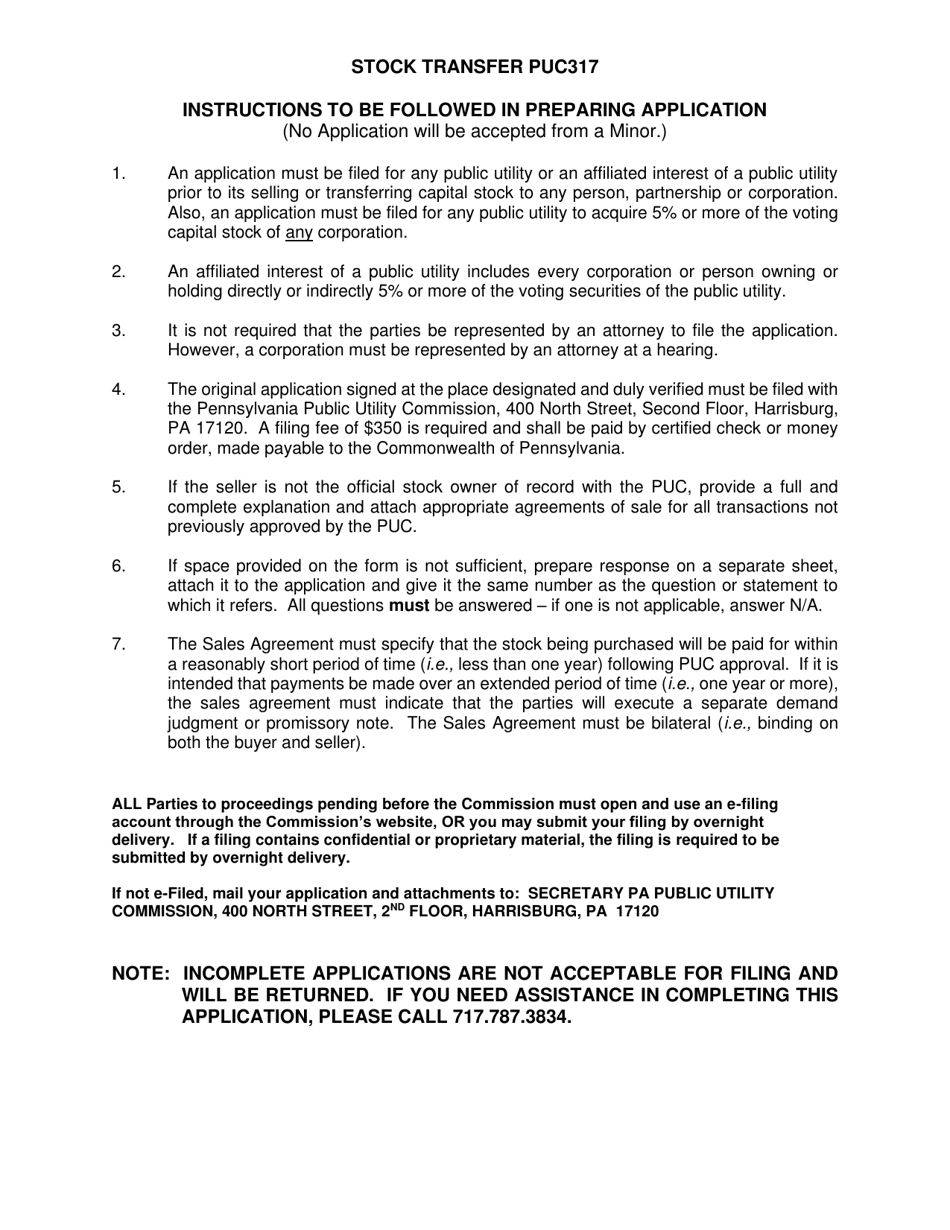 Form PUC317 Application for Approval of Transfer of Capital Stock Transportation Common Carrier - Pennsylvania, Page 1