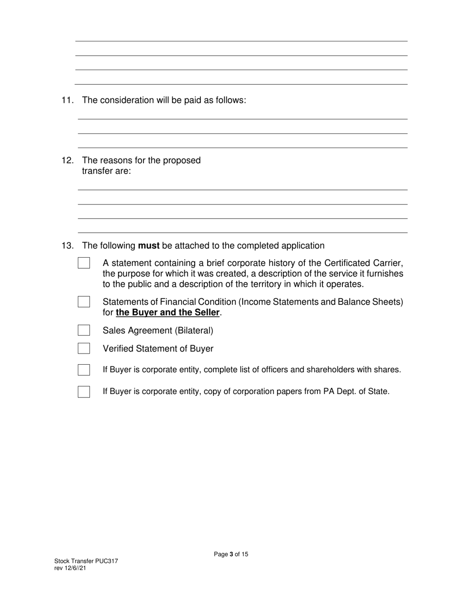 Form PUC317 Application for Approval of Transfer of Capital Stock Transportation Common Carrier - Pennsylvania, Page 4