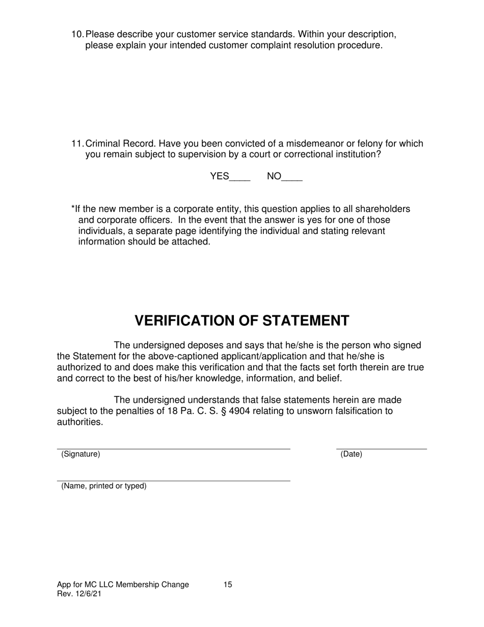 Application for Approval to Change Limited Liability Corporation Membership for Common Carriers of Household Goods or Passengers (Except Gp16+) - Pennsylvania, Page 16
