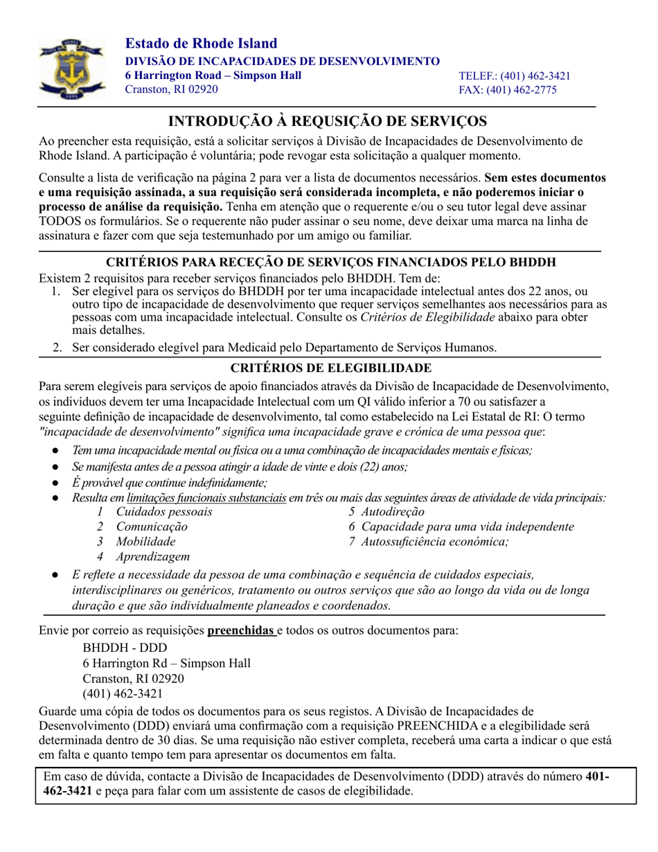 Introduction to the Application for Services - Rhode Island (Portuguese), Page 1