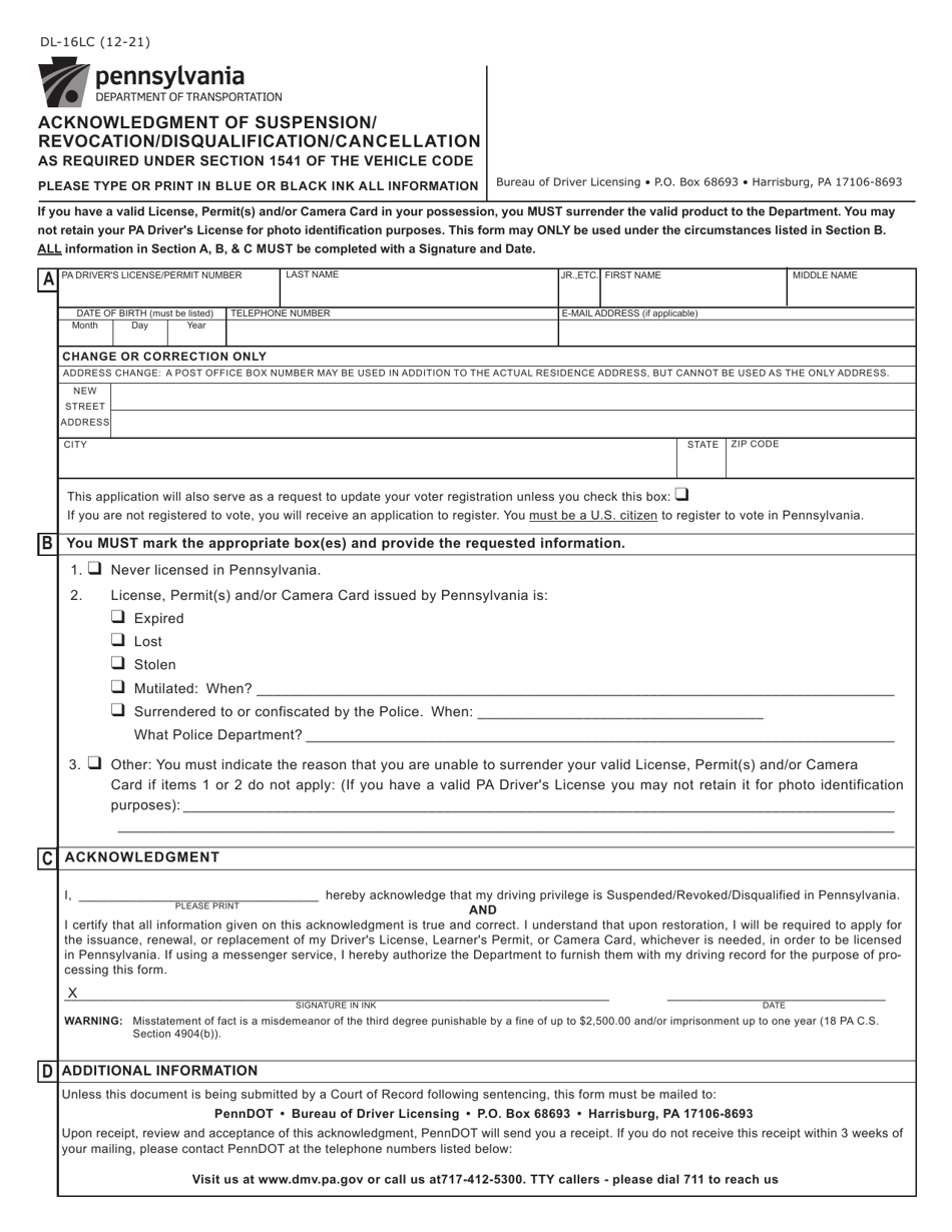 Form DL-16LC Acknowledgment of Suspension / Revocation / Disqualification / Cancellation - Pennsylvania, Page 1