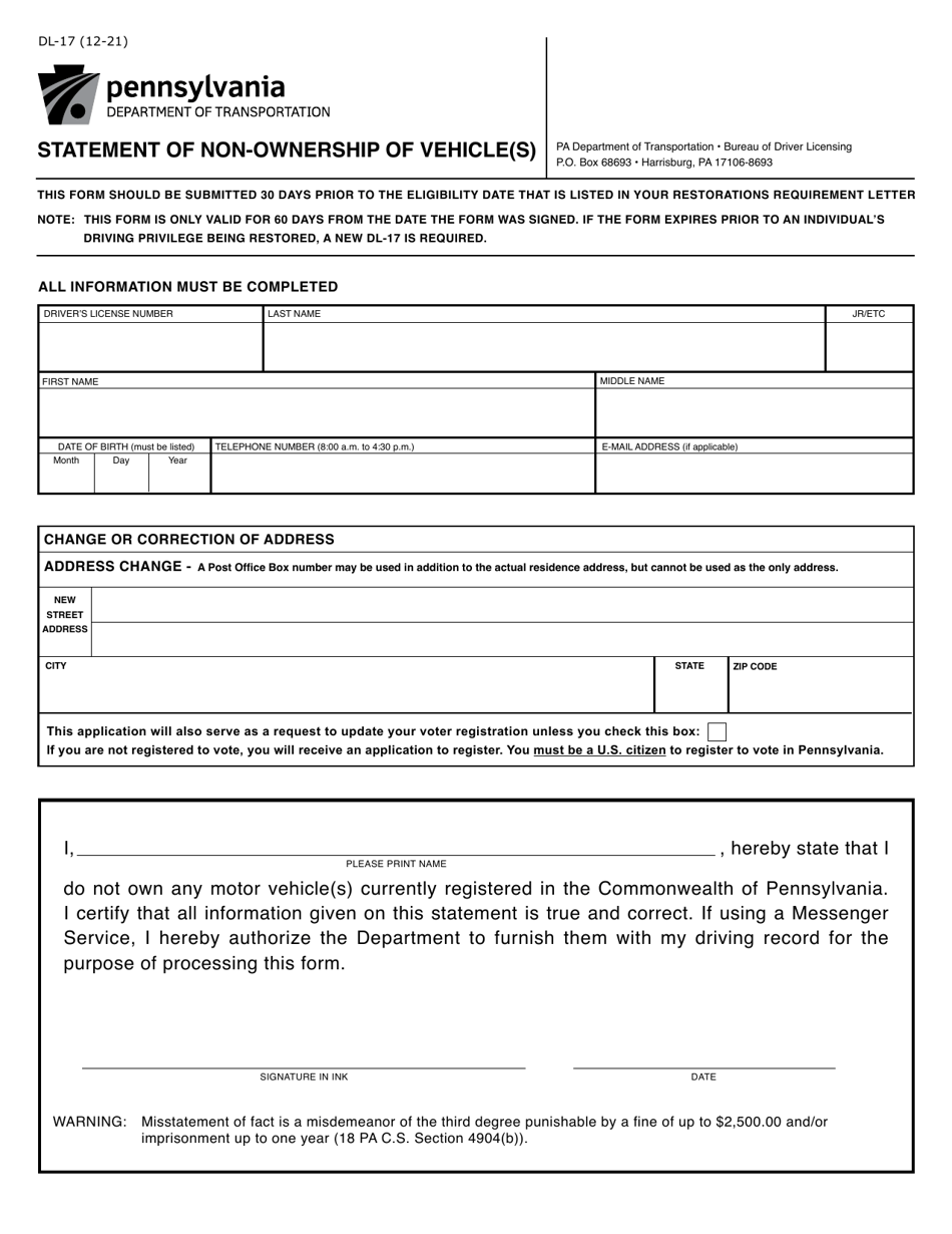 Form DL-17 Statement of Non-ownership of Vehicle(S) - Pennsylvania, Page 1