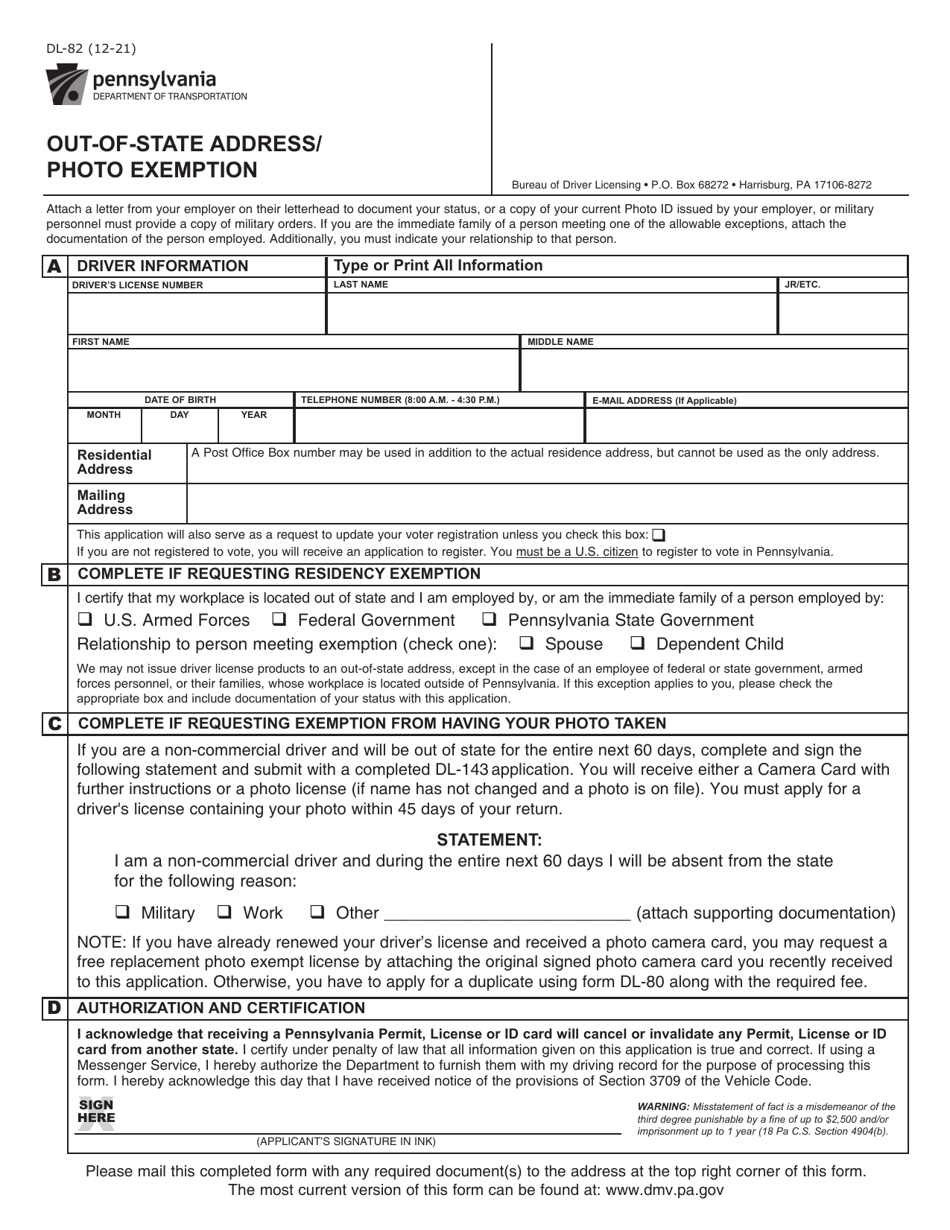 Form DL-82 Out-of-State Address / Photo Exemption - Pennsylvania, Page 1