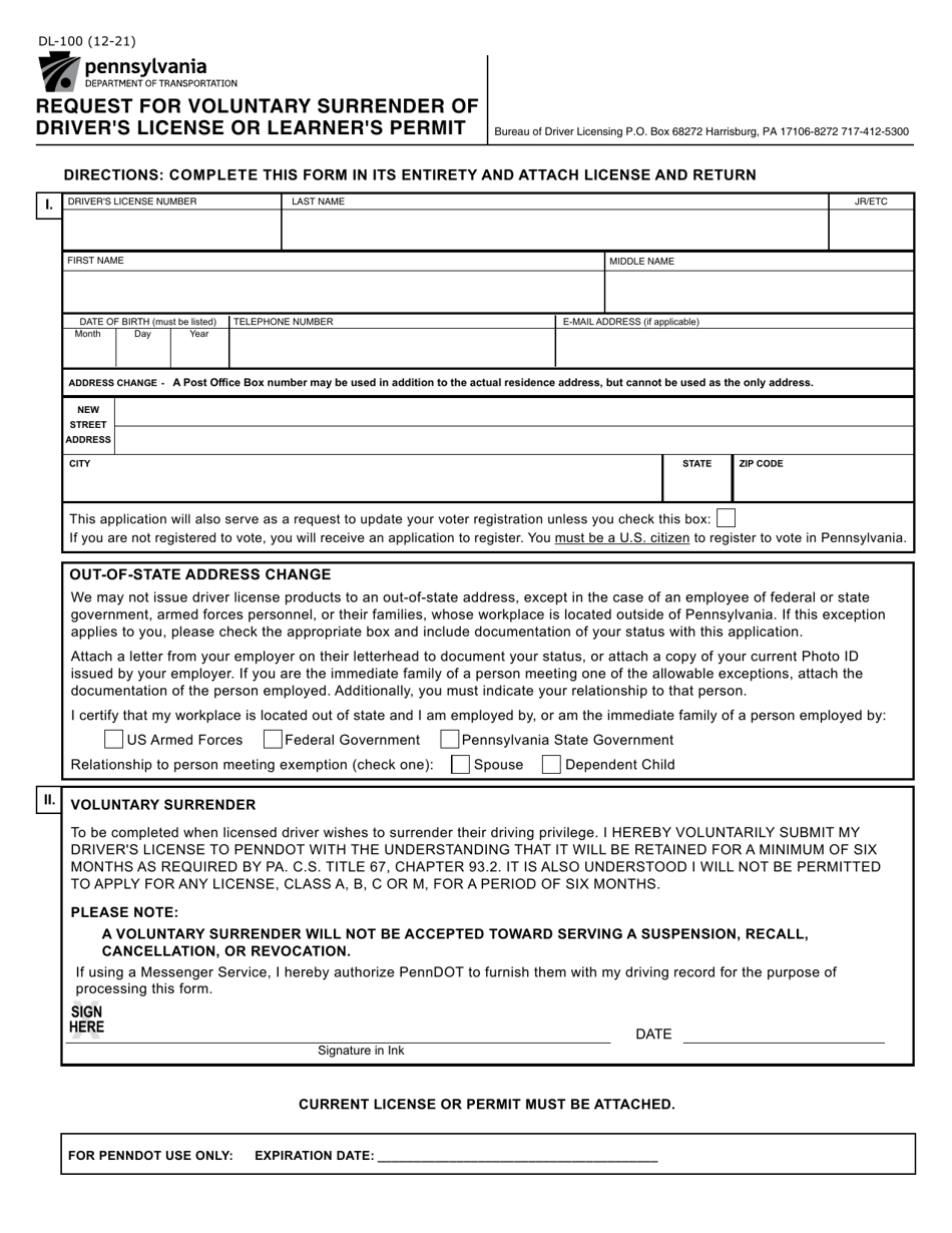 Form DL-100 Request for Voluntary Surrender of Driver's License or Learner's Permit - Pennsylvania, Page 1