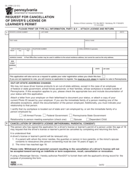 Document preview: Form DL-100A Request for Cancellation of Driver's License or Learner's Permit - Pennsylvania