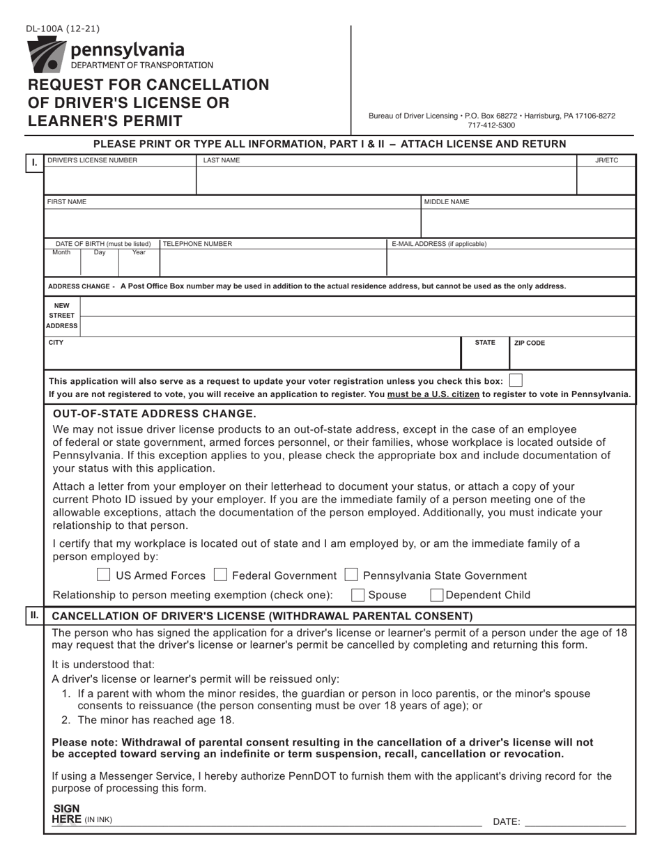 Form DL-100A Request for Cancellation of Driver's License or Learner's Permit - Pennsylvania, Page 1