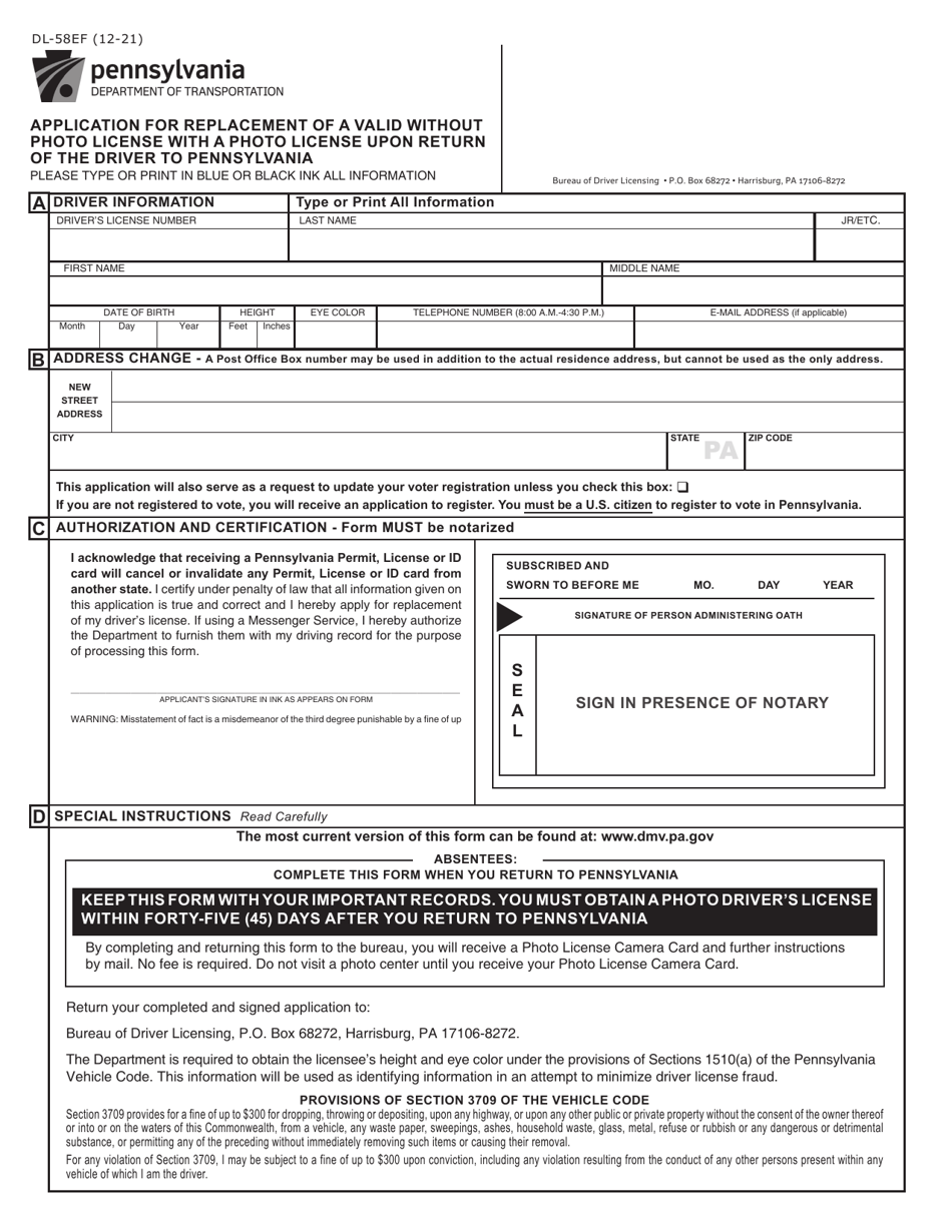 Form DL-58EF Application for Replacement of a Valid Without Photo License With a Photo License Upon Return of the Driver to Pennsylvania - Pennsylvania, Page 1