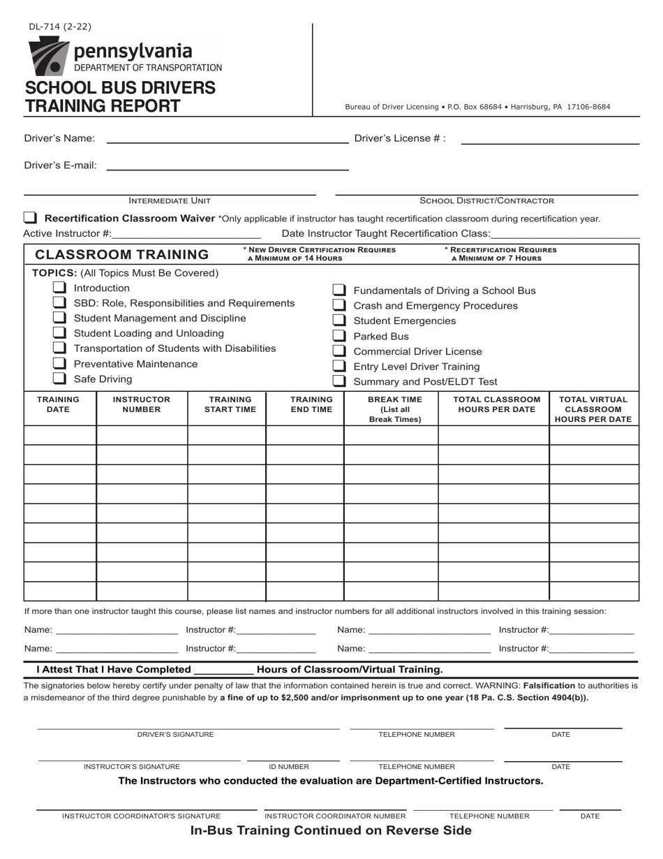 Form DL-714 School Bus Drivers Training Report - Pennsylvania, Page 1