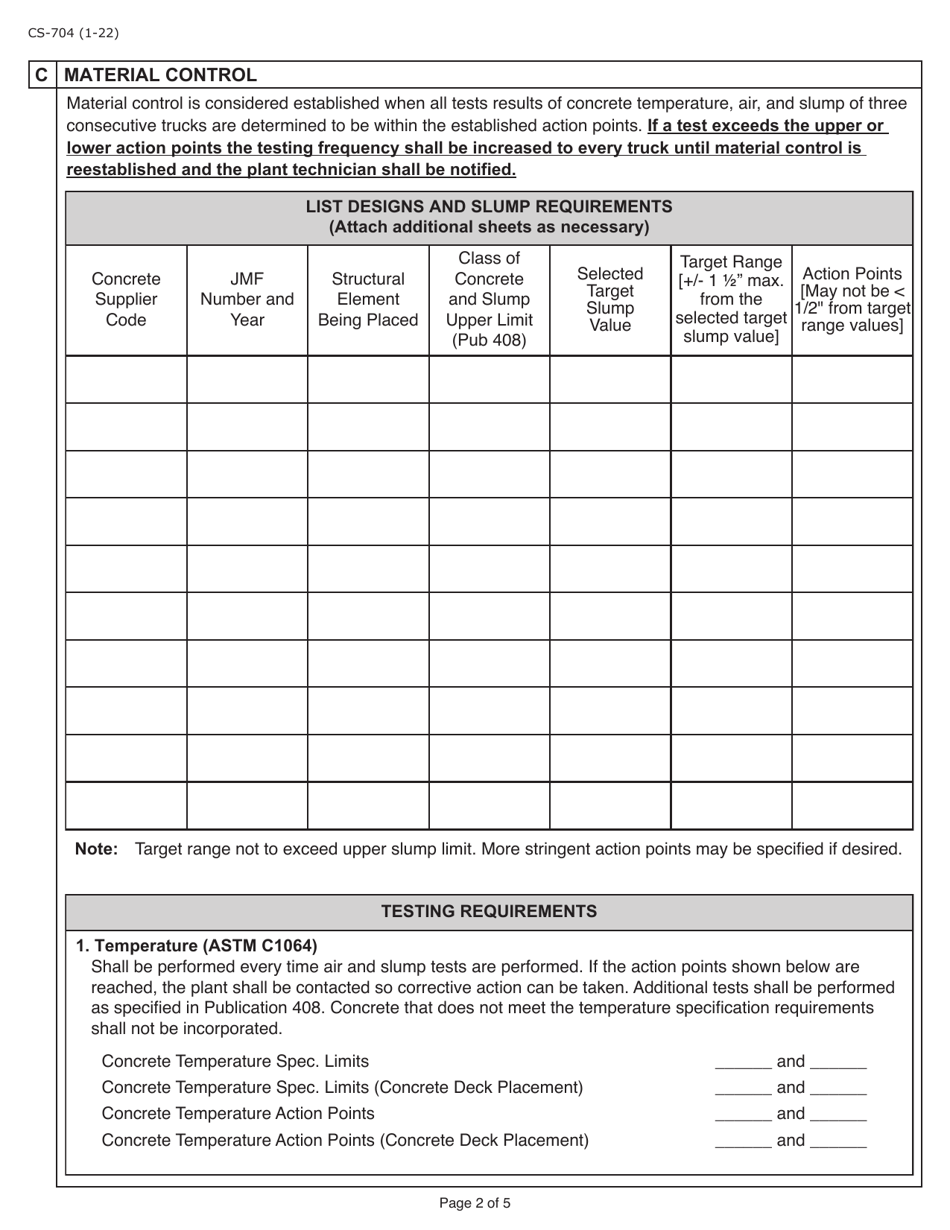 Form CS-704 Minimum Quality Control Plan for Field Placement Concrete Operations - Pennsylvania, Page 2